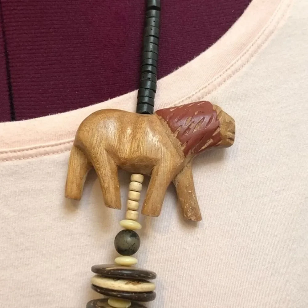 Vintage African Animals Safari Wood Wooden Statement‎ Bohemian Necklace